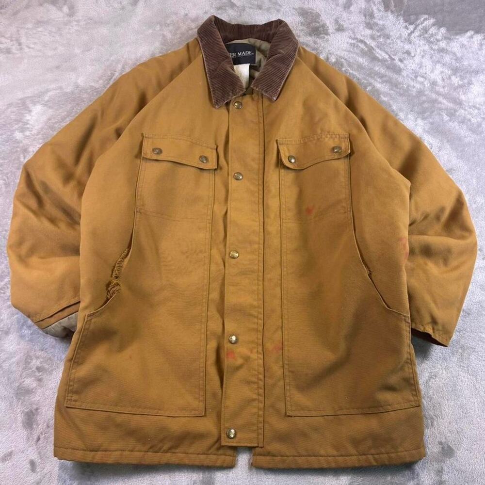 Vintage 90s Master Made Duck Canvas Chore Coat XL Corduroy Collar Distressed